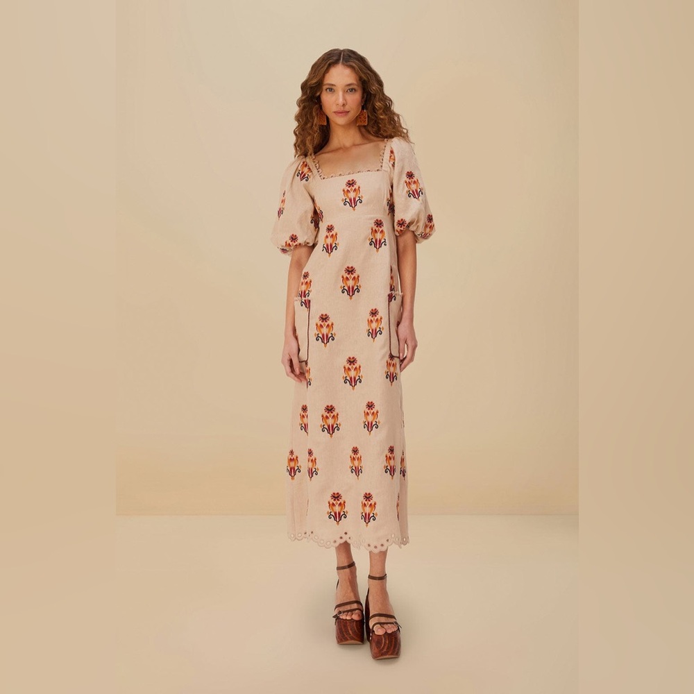 FARM Rio Cream Midi Dress with Floral Accents